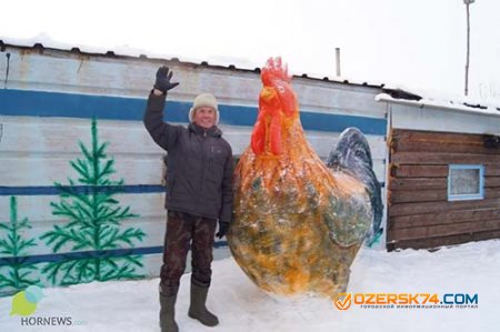 Житель Челябинской области из тонны снега слепил петуха у себя в огороде